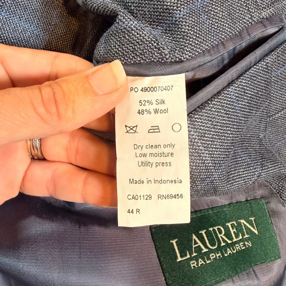 Lauren Ralph Lauren Blazer Men 44R Blue Silk Wool Windowpane Sport Coat Luxury